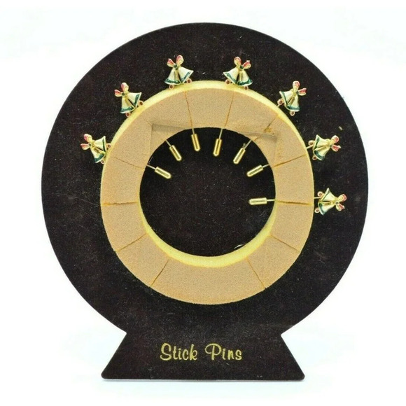 Vintage Stick Pin Store Display Red Green Enamel Christmas Bells Gold Tone - Picture 1 of 6